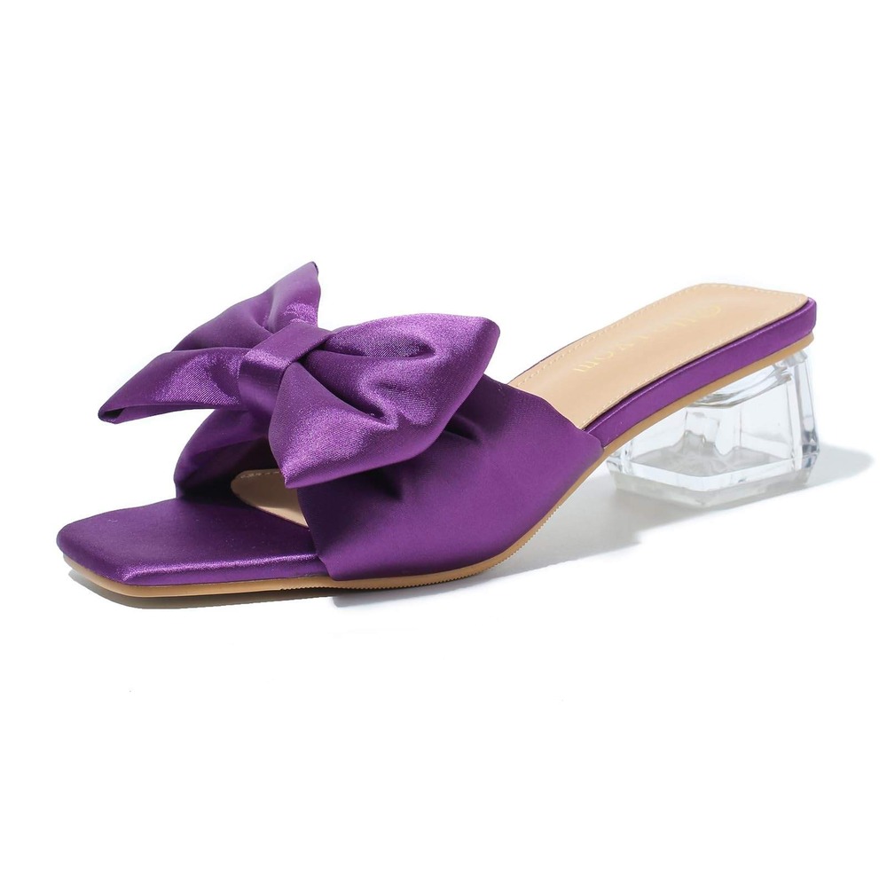Heiyom Women's Purple Satin Bow Block Heel Mules Slides Size 10